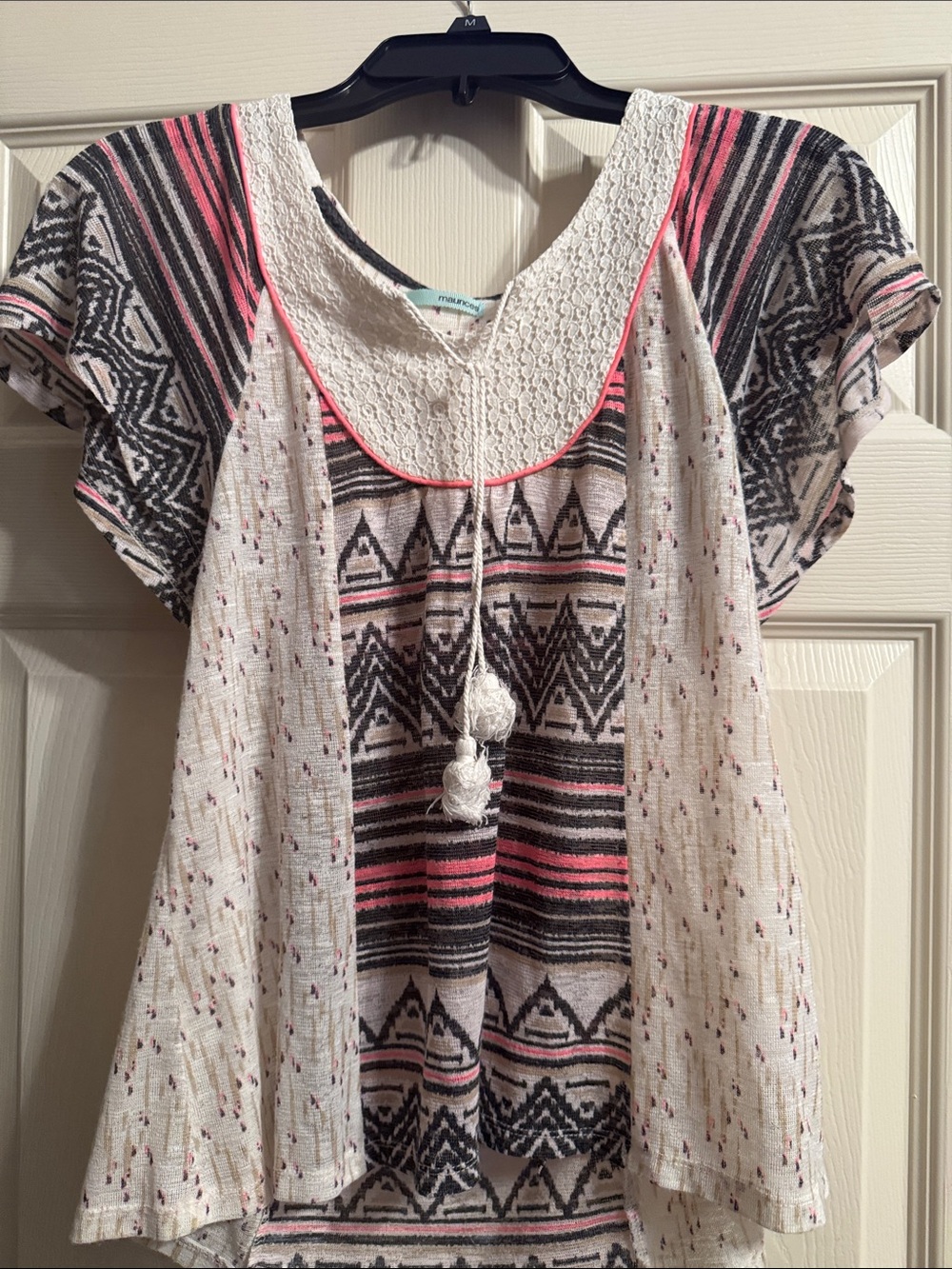Maurices Cream Boho Lace-Trim Peasant Top with Pink & Black Accents